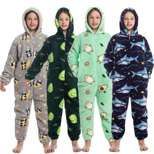 One Piece Hooded Stitch Pajamas Boys Girls Cartoon Sleepwear Unicorn Thick Fleece Onesies Warm Hoodie Pajamas Sets