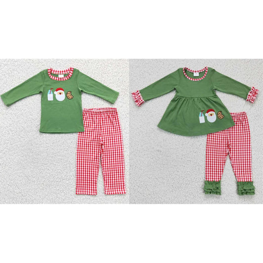 Wholesale Christmas kids Embroidered Santa Claus cookie Milk green long sleeve pant suit for baby girls boys clothes Matching