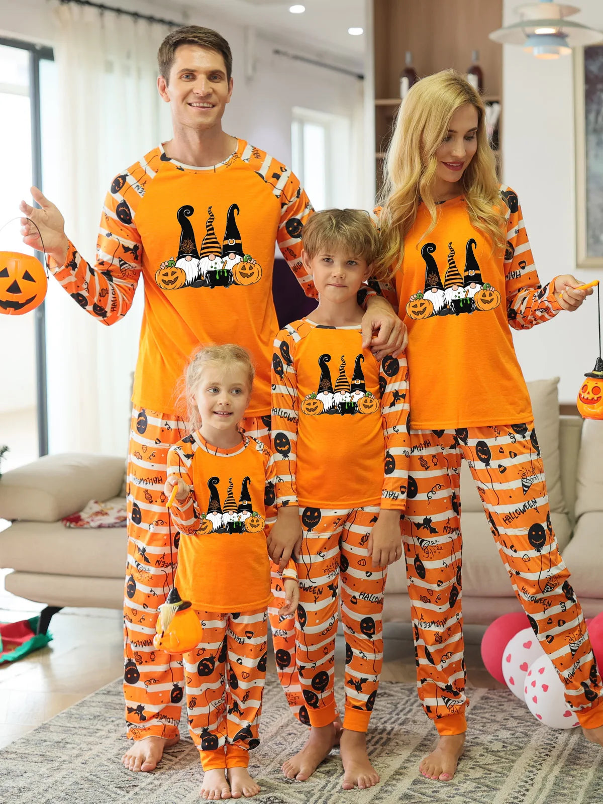 New Halloween Family Pajamas Fashion Orange Grimace Pattern  Family Matching Outfits Parent Mother Kids Festival Home Clothes