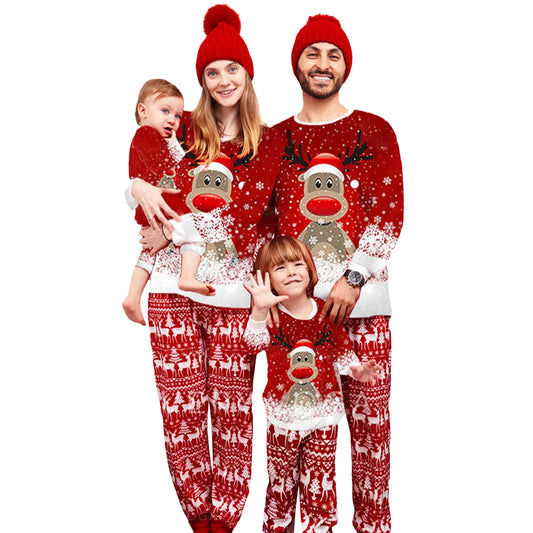 Matching Family Christmas Pajamas Outfit Long Sleeve Deer Snowflake Print Pullover Pants Set for Adult Kids