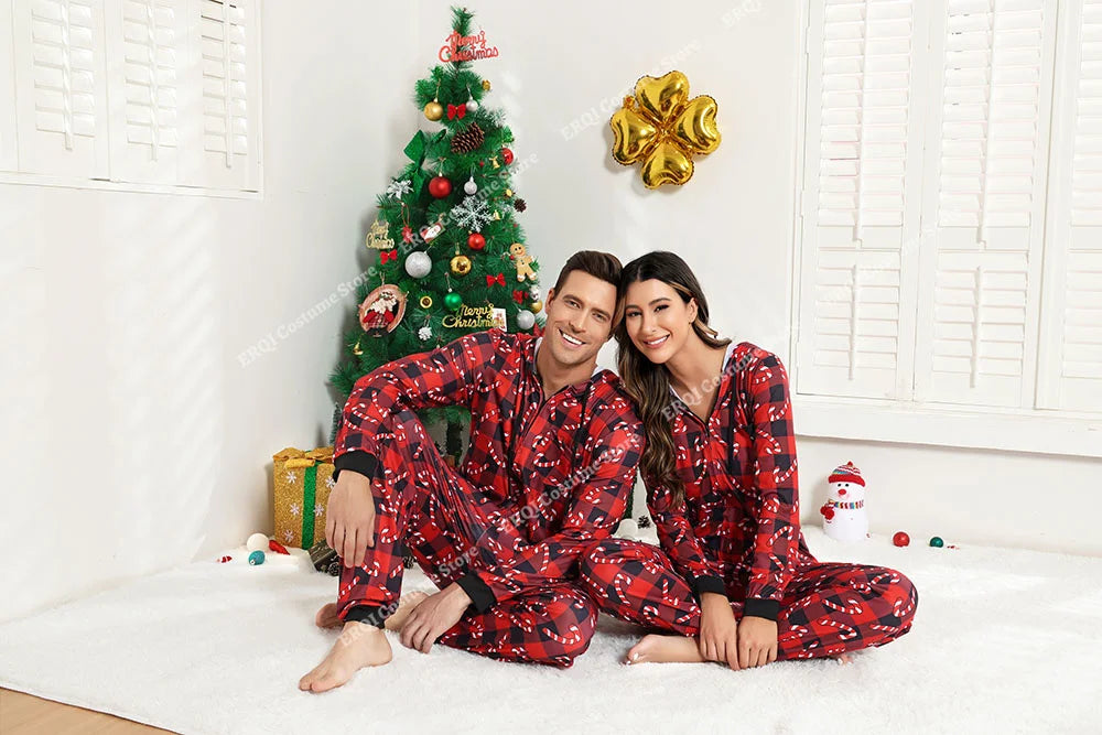 Adult Onesie Pajamas Christmas Matching Pajamas For Couples Black&Red Grid Pajamas Set Family One Piece Jumpsuit Hoodie Women