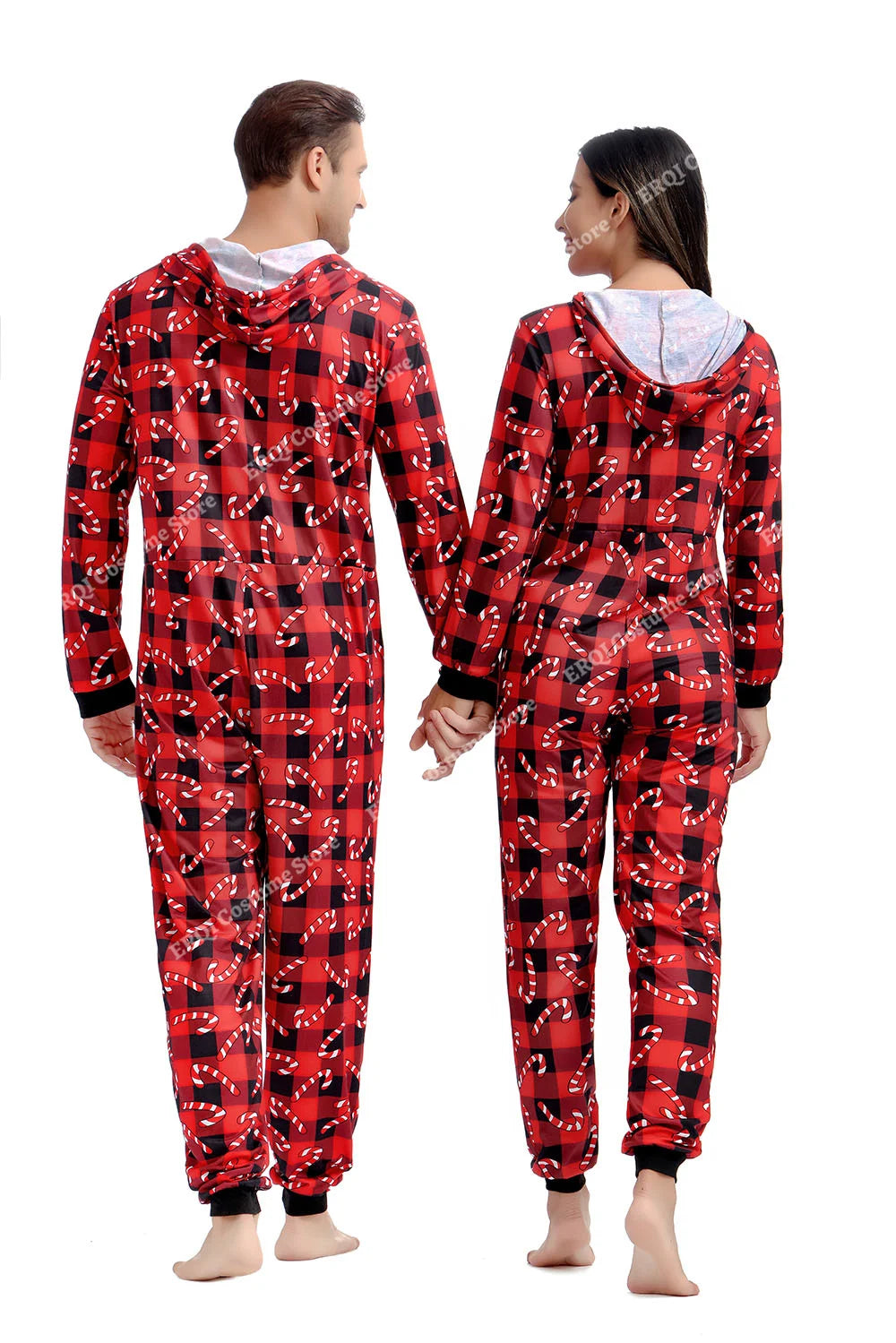 Adult Onesie Pajamas Christmas Matching Pajamas For Couples Black&Red Grid Pajamas Set Family One Piece Jumpsuit Hoodie Women