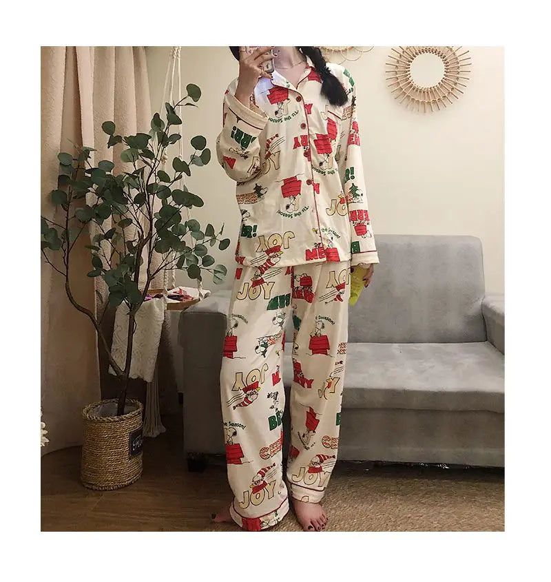 Ins Christmas Tree Snoopy Pajamas Cartoon Soft Female Cardigan Couple Long Sleeved Trousers Anime Home Service Suit Girls Gifts