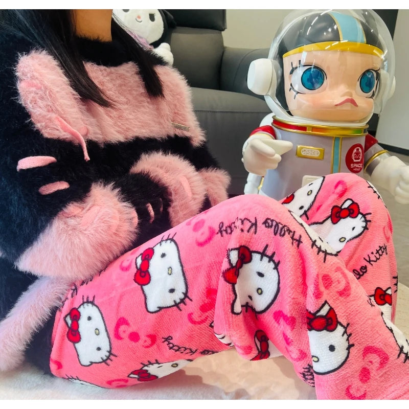 Sanrio Hello Kitty Pajamas Pants Black Pink Anime Flannel Women Warm Woolen White Cartoon Casual Home Pant Autumn Grils Trousers