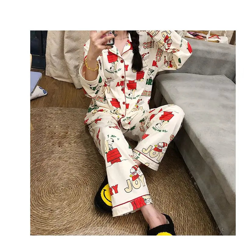 Ins Christmas Tree Snoopy Pajamas Cartoon Soft Female Cardigan Couple Long Sleeved Trousers Anime Home Service Suit Girls Gifts