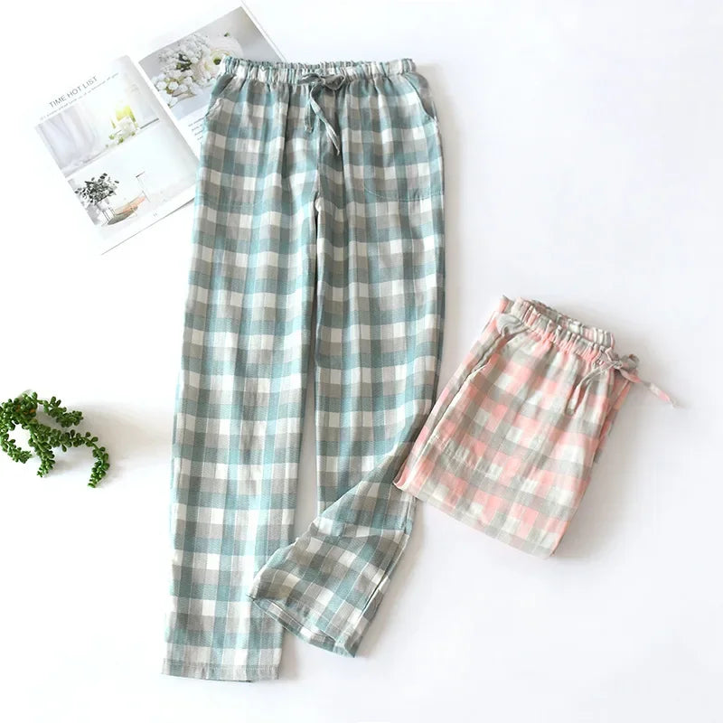 Men's Cotton Gauze Trousers Plaid Knitted Sleep Pants Woman Pajamas Pants Bottoms Sleepwear Short for Couples Pijama Hombre