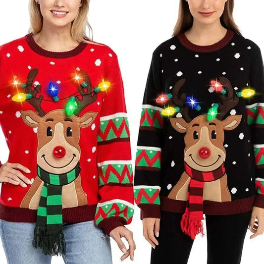 Women's LED Light-Up Christmas Sweater – Festive Reindeer Knit Holiday Pullover Top