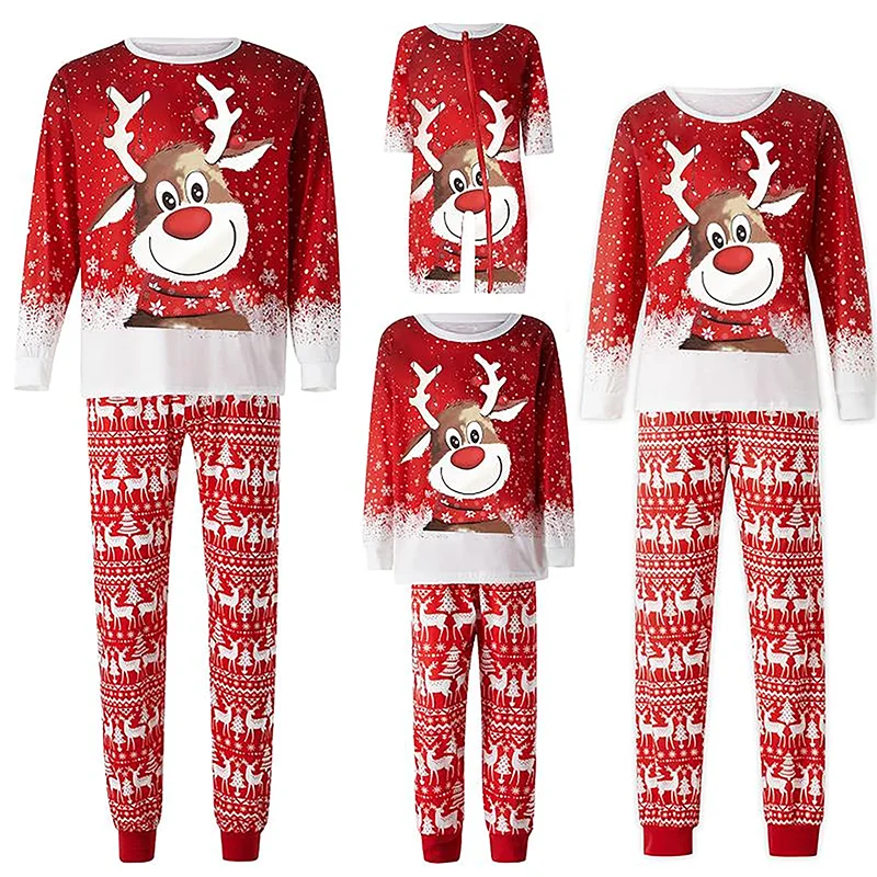 Matching Family Christmas Pajamas Outfit Long Sleeve Deer Snowflake Print Pullover Pants Set for Adult Kids