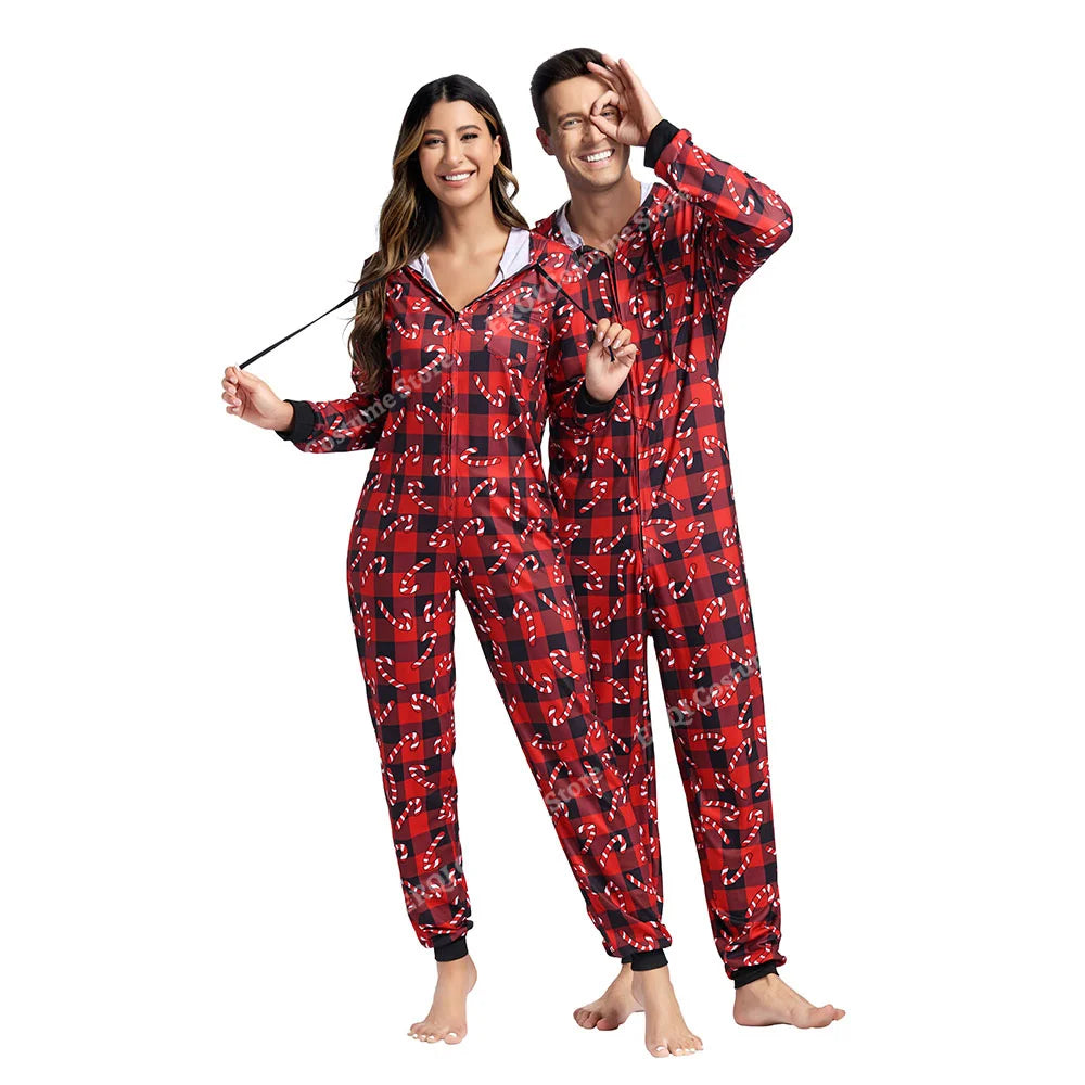 Adult Onesie Pajamas Christmas Matching Pajamas For Couples Black&Red Grid Pajamas Set Family One Piece Jumpsuit Hoodie Women