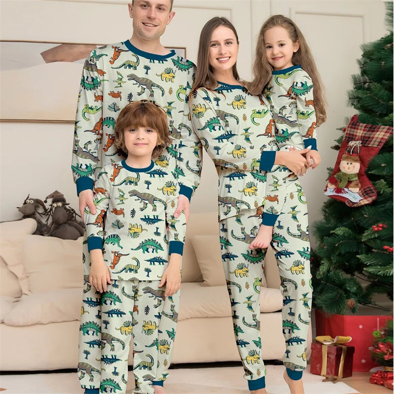 2024 Christmas family matching pajamas set featuring dinosaurs, perfect for parents, kids, and babies.