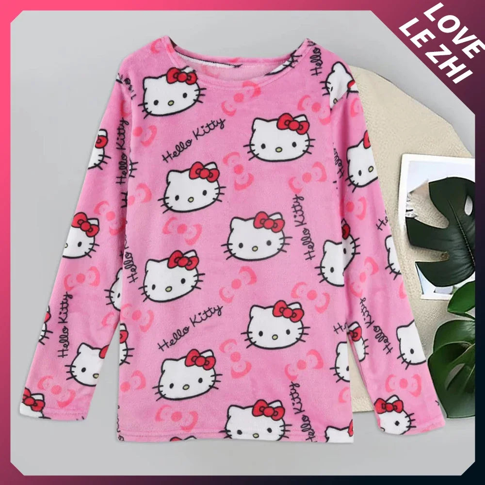 2PCS Sanrioed Hello Kittys Kawaii Loungewear Set Loose Flannel Ladies Pajama Pants Girl Autumn Women Casual Cute Home Clothing