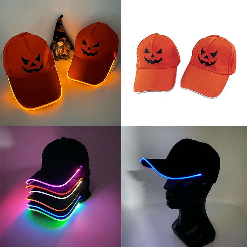 LED glowing pumpkin baseball hat suitable for Halloween and party decor, showcasing three lighting modes