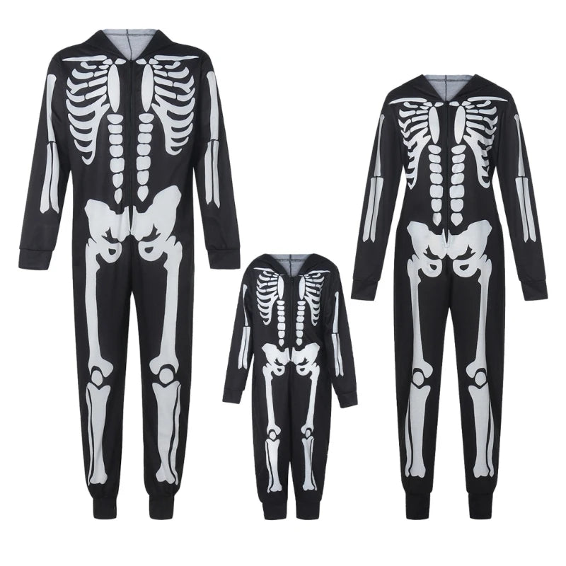 Black Skeleton-Themed Onesie with Zip-Up and Hood, Perfect for Halloween Costumes