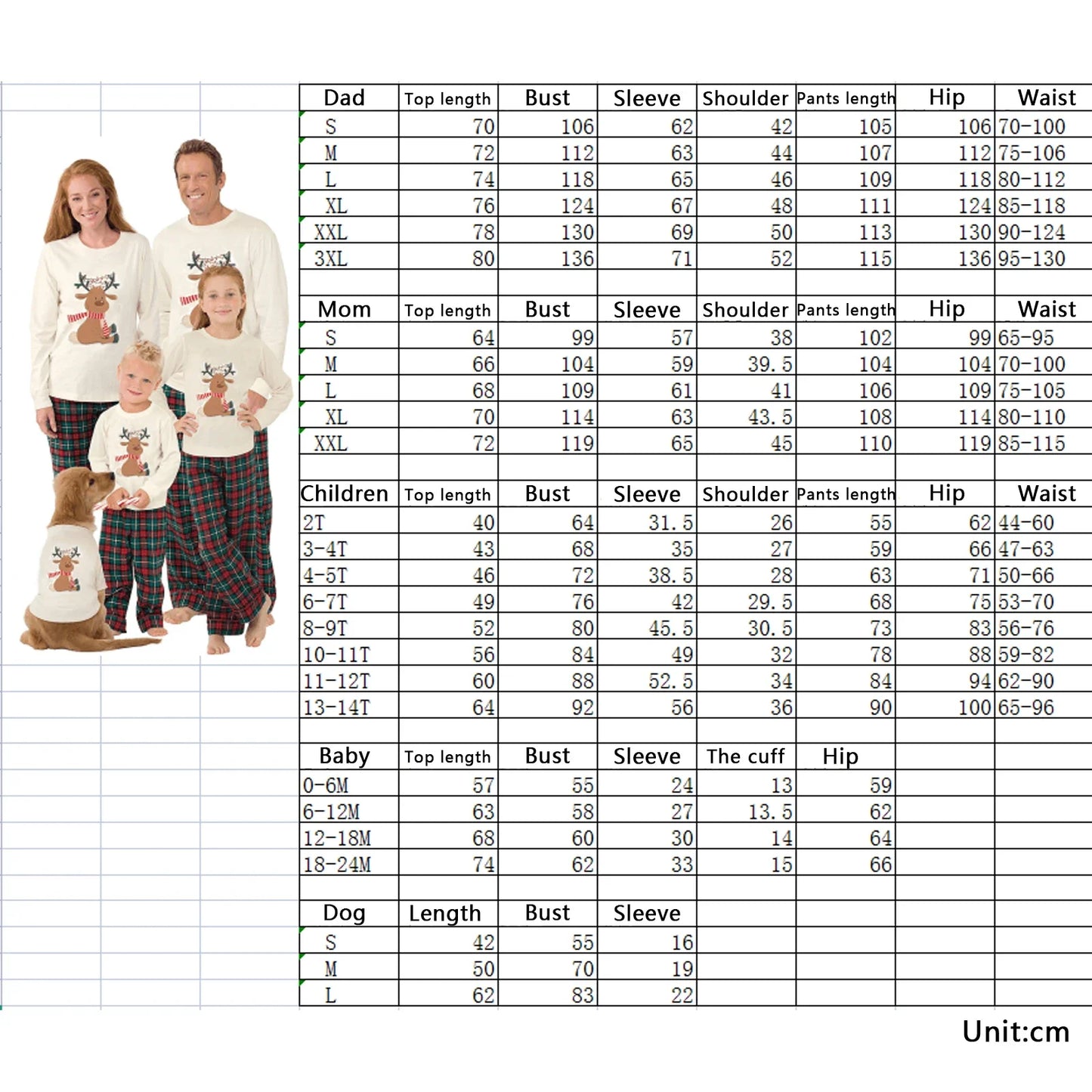 Family Christmas Pajamas Matching Set, Elk Print Long-Sleeve Tops with Plaid Pants Sleepwear Set for Adult, Kid, Baby, Dog