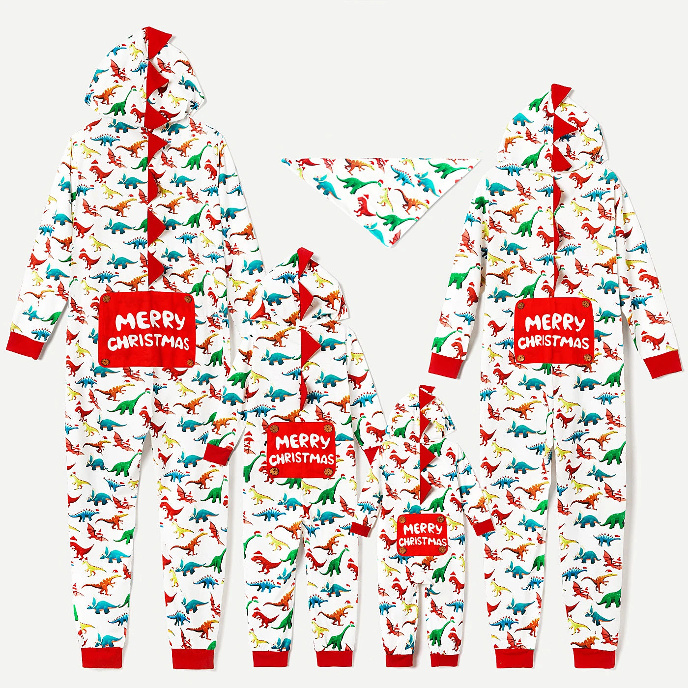 Family matching Christmas dinosaur print hooded onesies pajamas sets, featuring a fun design for kids and adults.