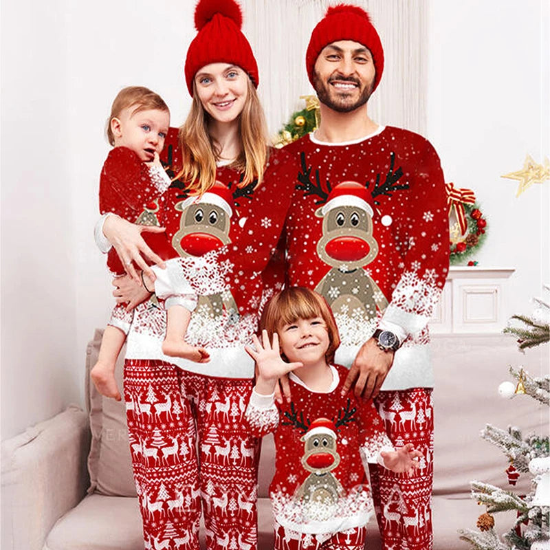 Matching Family Christmas Pajamas Outfit Long Sleeve Deer Snowflake Print Pullover Pants Set for Adult Kids