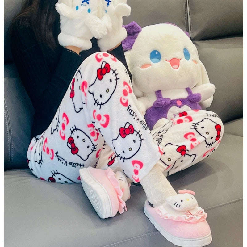 Sanrio Hello Kitty Pajamas Pants Black Pink Anime Flannel Women Warm Woolen White Cartoon Casual Home Pant Autumn Grils Trousers