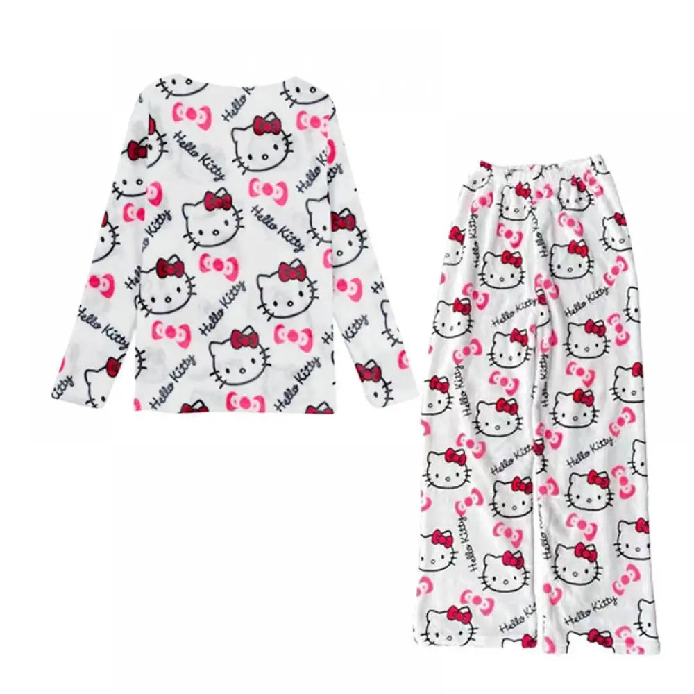 2PCS Sanrioed Hello Kittys Kawaii Loungewear Set Loose Flannel Ladies Pajama Pants Girl Autumn Women Casual Cute Home Clothing