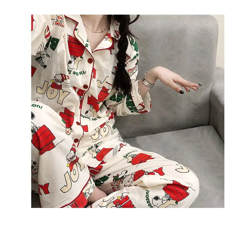 Ins Christmas Tree Snoopy Pajamas Cartoon Soft Female Cardigan Couple Long Sleeved Trousers Anime Home Service Suit Girls Gifts