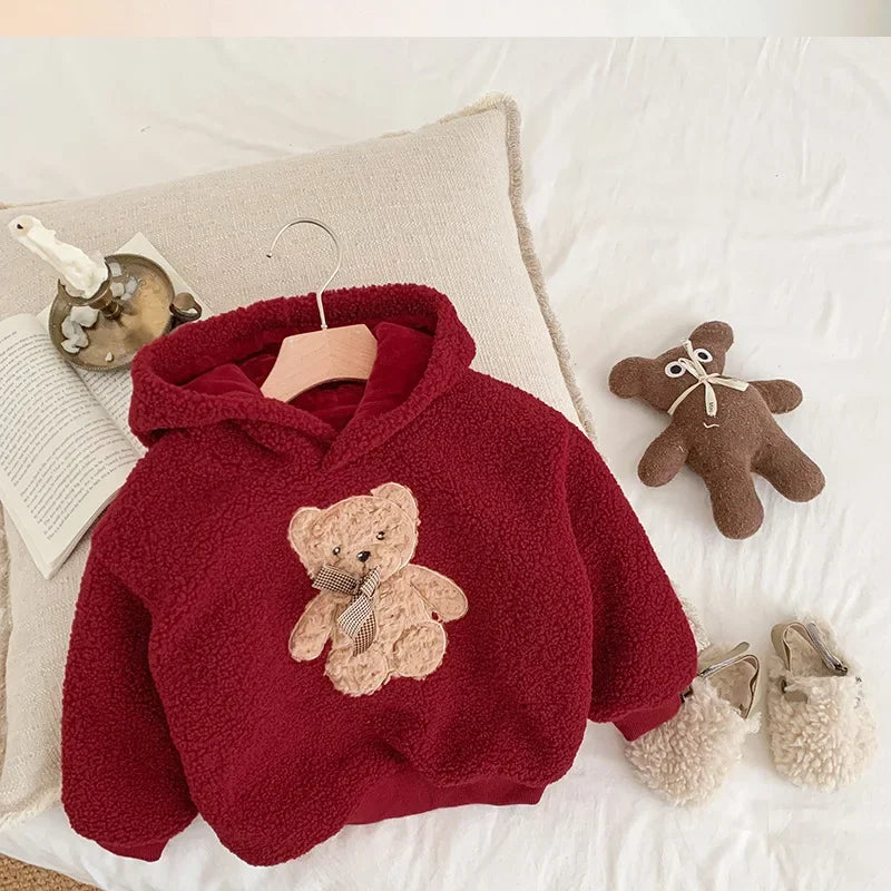 Mom Dad and Children's Winter Red Hoodies for Whole Family Bear Clothes Christmas Mother Father Daughter Son Hooded Sweatshirts