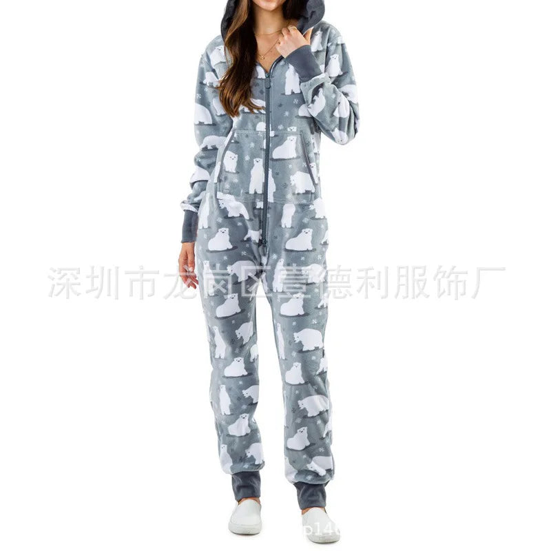 Christmas Printed Hooded Jumpsuit for Women 2023 Autumn Winter Couples New Striped Elk Zipper Pocket Pajamas Sleepwear