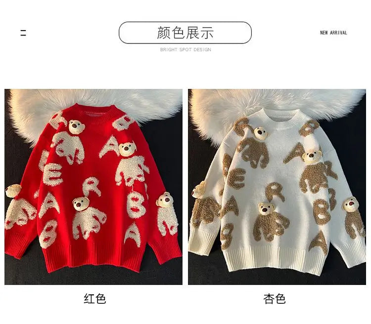 3D Bear Head Pendant Fleece Embroidery Oversized Sweaters Men Women Hip Hop Streetwear Winter Knitted Tops Korean Kawaii Clothes