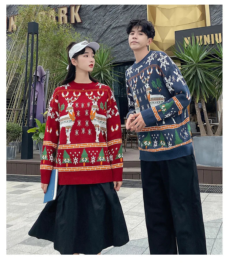 Korean Style Christmas Elk Sweater – Casual Crew Neck Long Sleeve Pullover