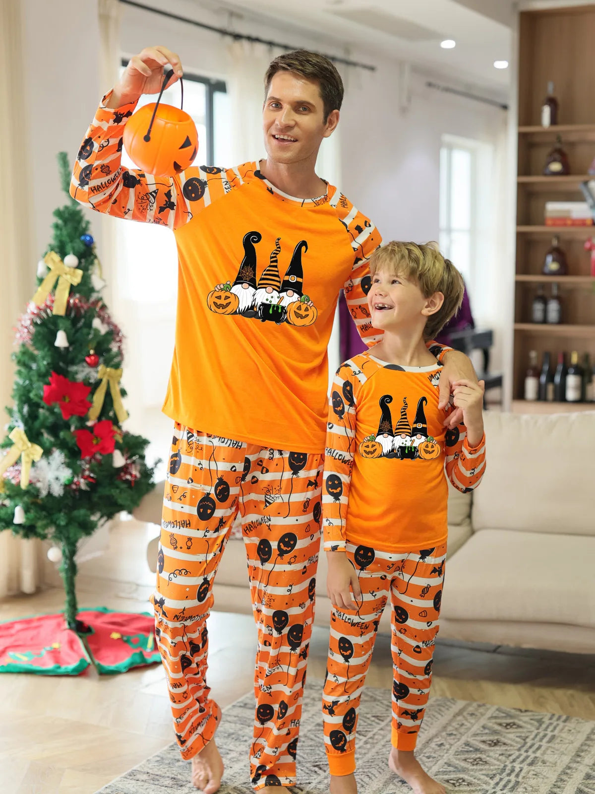 New Halloween Family Pajamas Fashion Orange Grimace Pattern  Family Matching Outfits Parent Mother Kids Festival Home Clothes