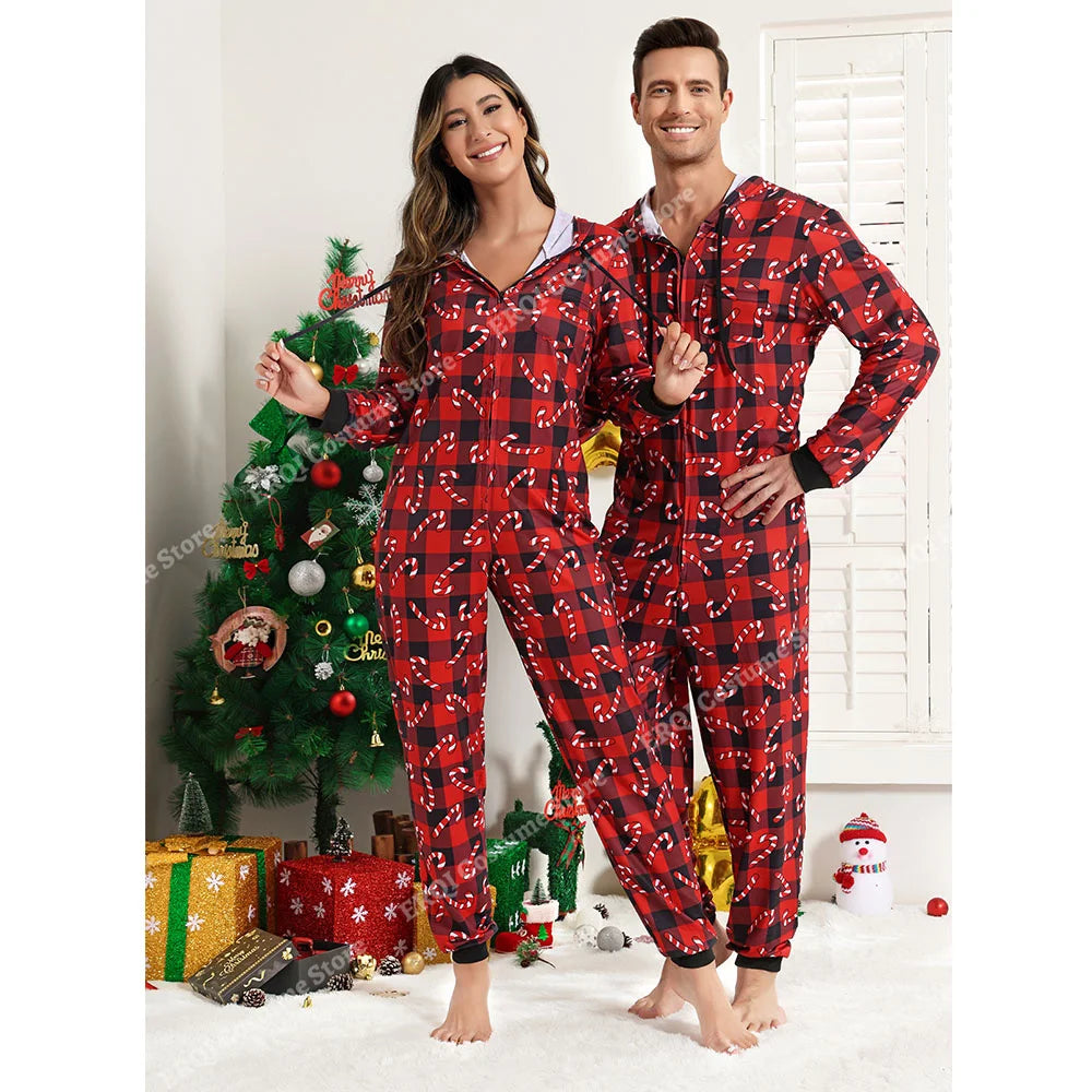 Adult Onesie Pajamas Christmas Matching Pajamas For Couples Black&Red Grid Pajamas Set Family One Piece Jumpsuit Hoodie Women