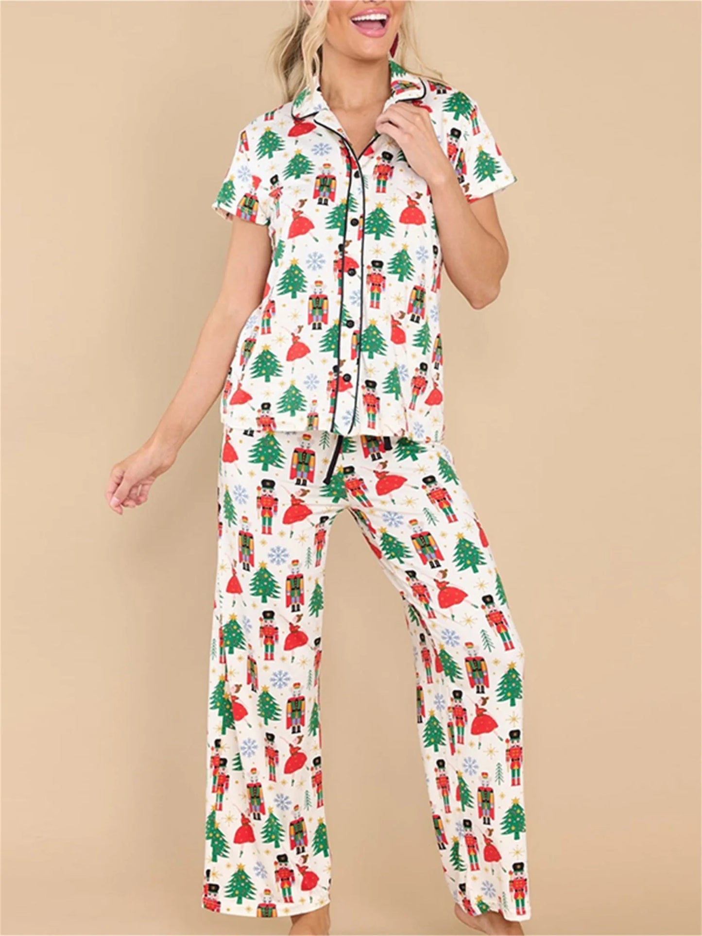 Women 2 Piece Pajamas Set Christmas Print Short Sleeves Shirt Pants Set Loungewear Soft Sleepwear