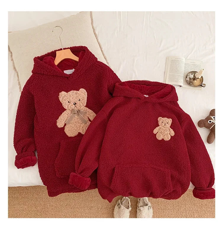 Mom Dad and Children's Winter Red Hoodies for Whole Family Bear Clothes Christmas Mother Father Daughter Son Hooded Sweatshirts