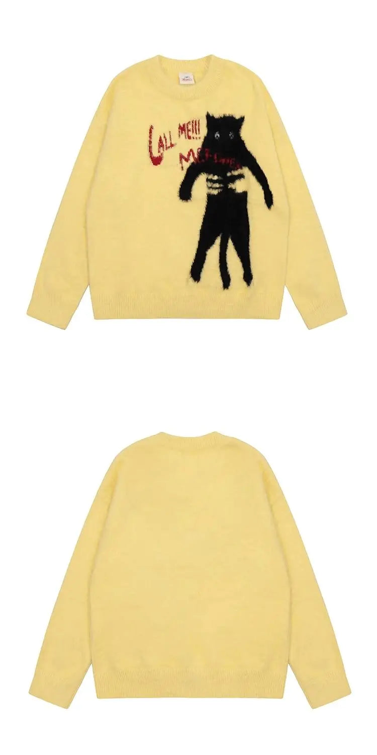 Funny Y2K black cat cartoon sweater for couples, perfect for hip hop streetwear.