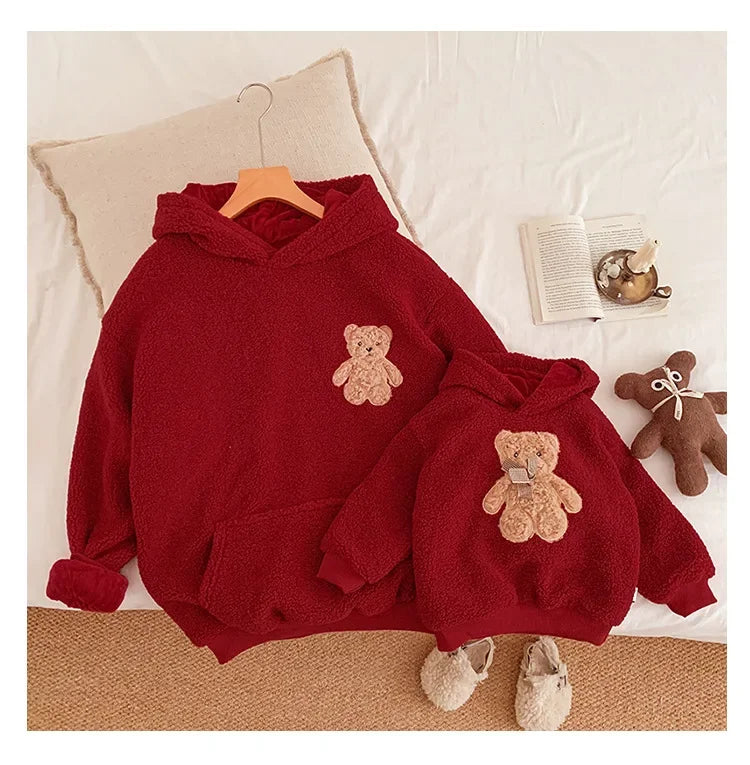 Mom Dad and Children's Winter Red Hoodies for Whole Family Bear Clothes Christmas Mother Father Daughter Son Hooded Sweatshirts