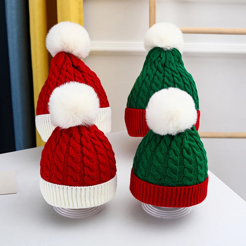 Christmas Baby Hat Warm Winter Knitted Baby Beanie Cap Solid Outdoor Pompom Toddler Children Hat Bonnet 2 sizes for Adult Kids