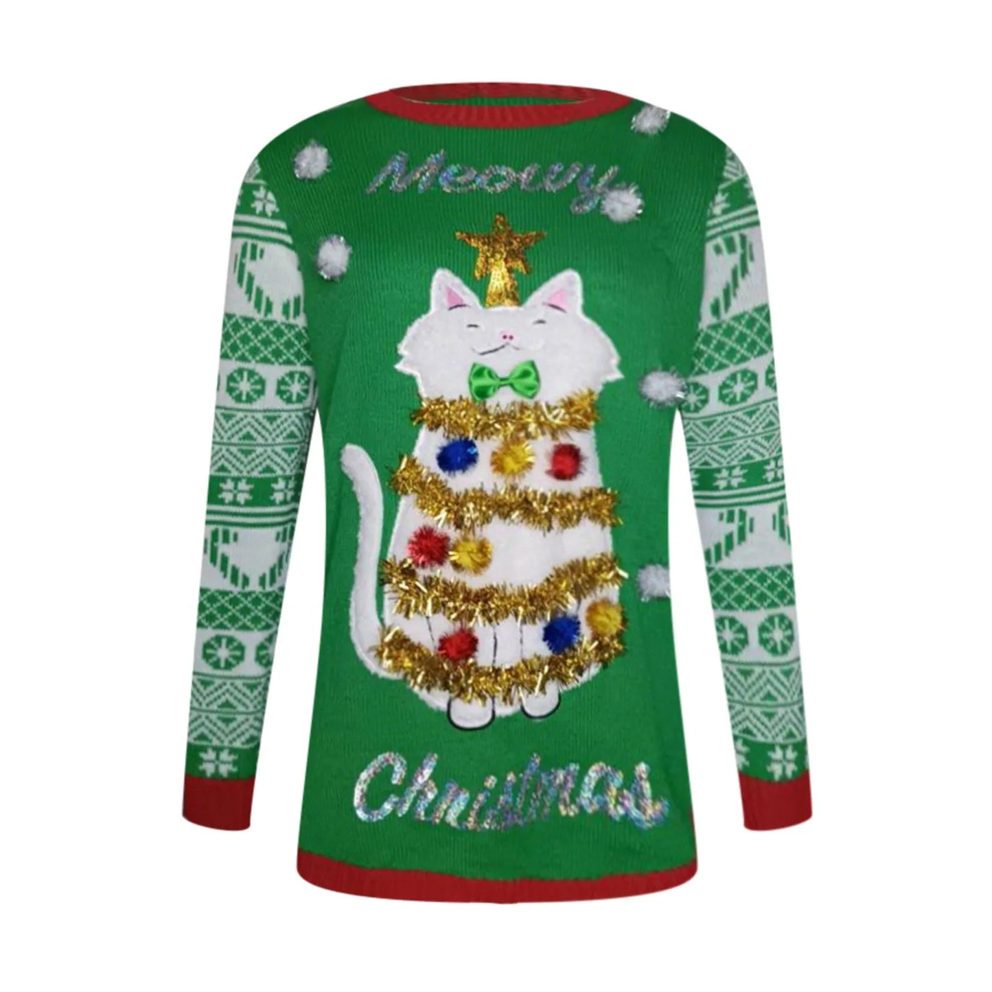 2024 Christmas Cartoon Cat Print Women’s Ugly Sweater – Cozy O-Neck Pullover for Autumn & Winter