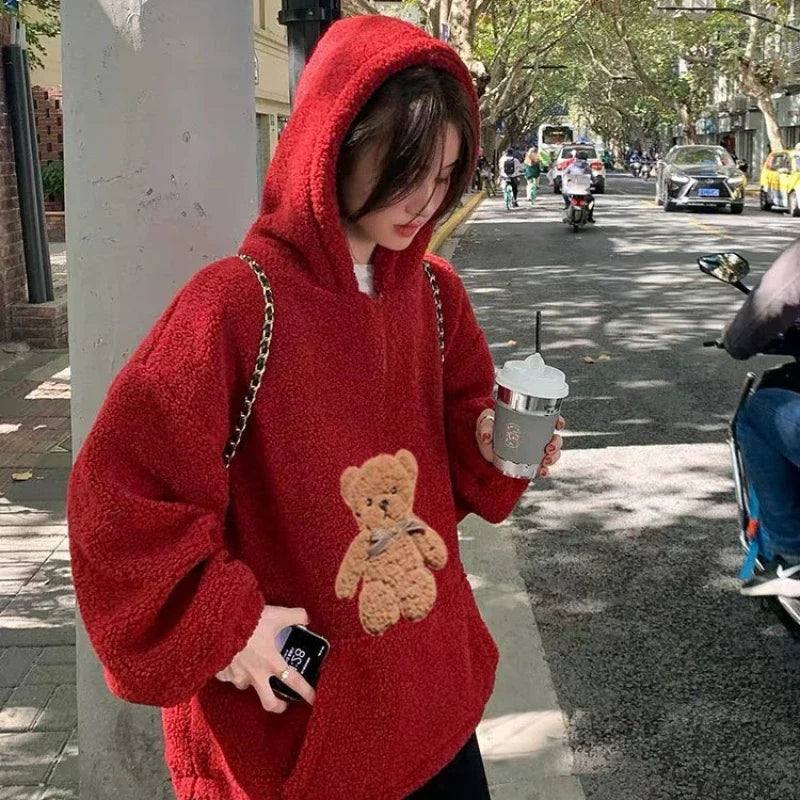 Mom Dad and Children's Winter Red Hoodies for Whole Family Bear Clothes Christmas Mother Father Daughter Son Hooded Sweatshirts