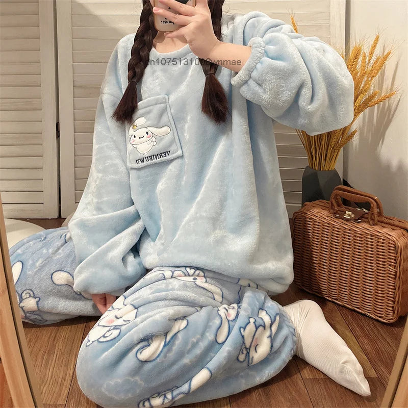 Cinnamoroll & Kuromi Hello Kitty Fuzzy Plush 2 Pcs Pajamas for Women Autumn Winter New Warm Cozy Sleepwear Home Casual Clothes