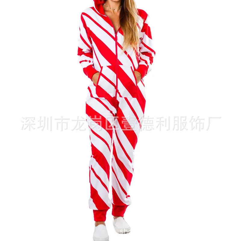 Christmas Printed Hooded Jumpsuit for Women 2023 Autumn Winter Couples New Striped Elk Zipper Pocket Pajamas Sleepwear