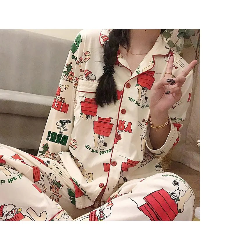 Ins Christmas Tree Snoopy Pajamas Cartoon Soft Female Cardigan Couple Long Sleeved Trousers Anime Home Service Suit Girls Gifts