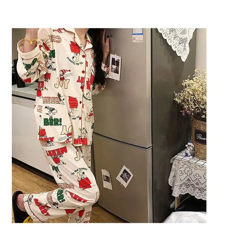 Ins Christmas Tree Snoopy Pajamas Cartoon Soft Female Cardigan Couple Long Sleeved Trousers Anime Home Service Suit Girls Gifts