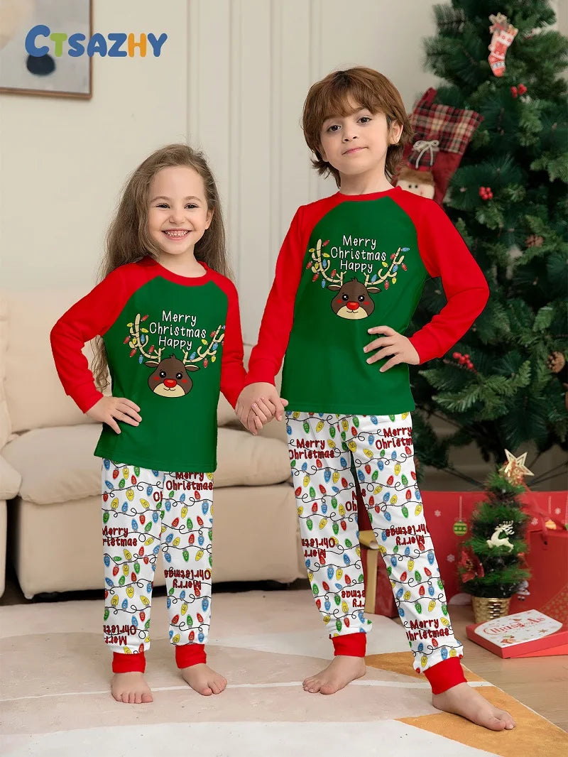 2025 Christmas family matching pajamas set with deer print for adults, kids, babies, and dogs. 