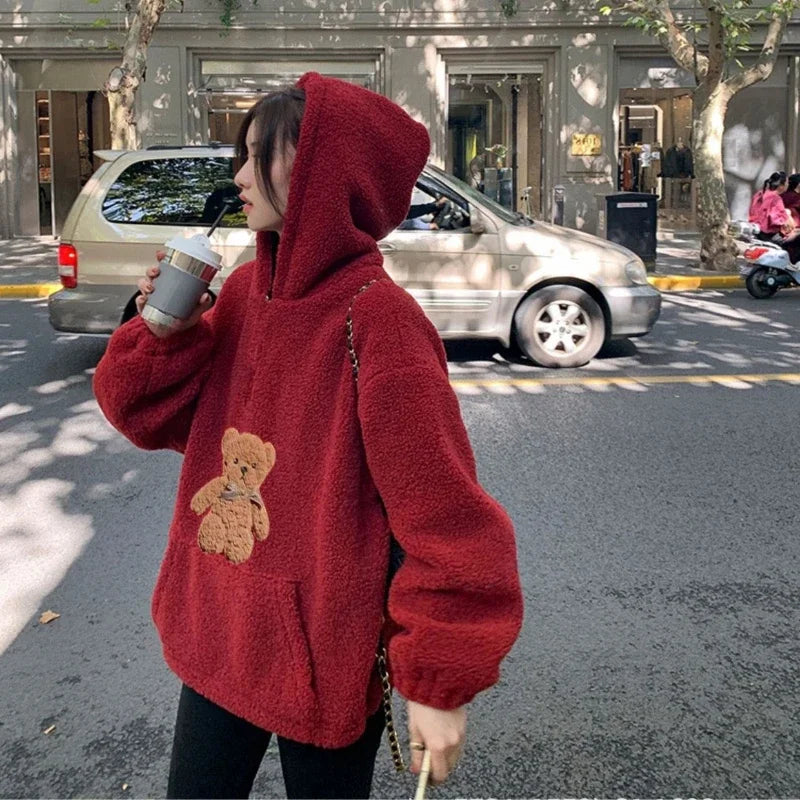 Mom Dad and Children's Winter Red Hoodies for Whole Family Bear Clothes Christmas Mother Father Daughter Son Hooded Sweatshirts