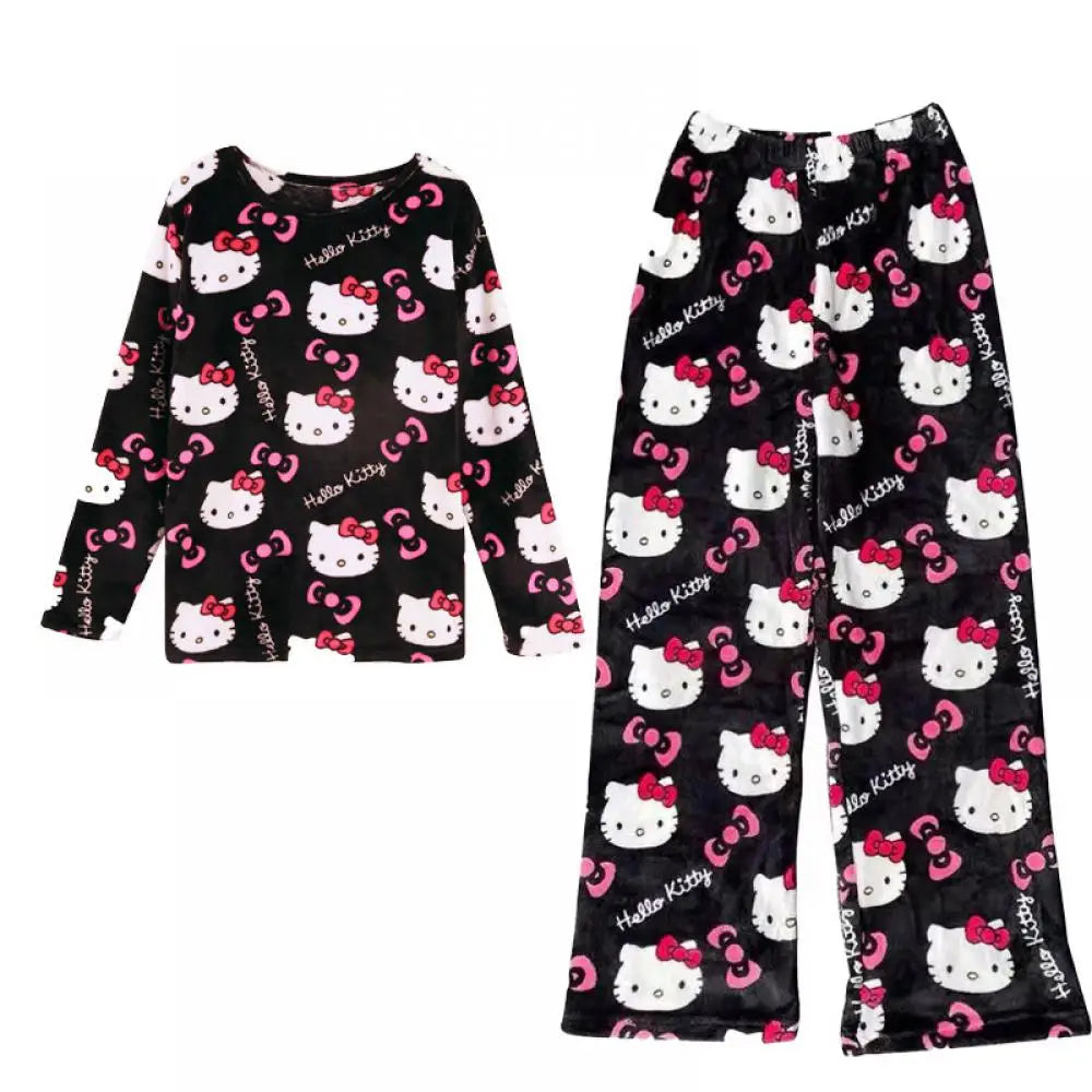 2PCS Sanrioed Hello Kittys Kawaii Loungewear Set Loose Flannel Ladies Pajama Pants Girl Autumn Women Casual Cute Home Clothing