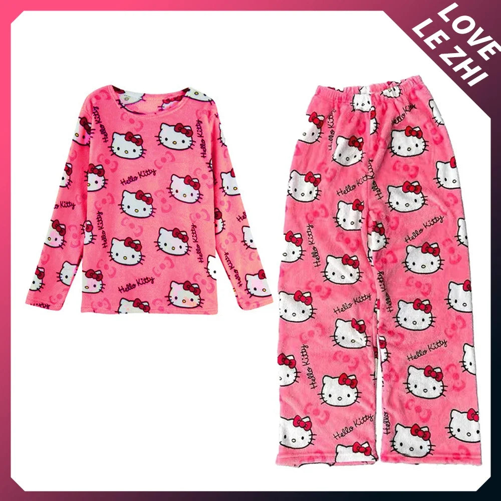 2PCS Sanrioed Hello Kittys Kawaii Loungewear Set Loose Flannel Ladies Pajama Pants Girl Autumn Women Casual Cute Home Clothing