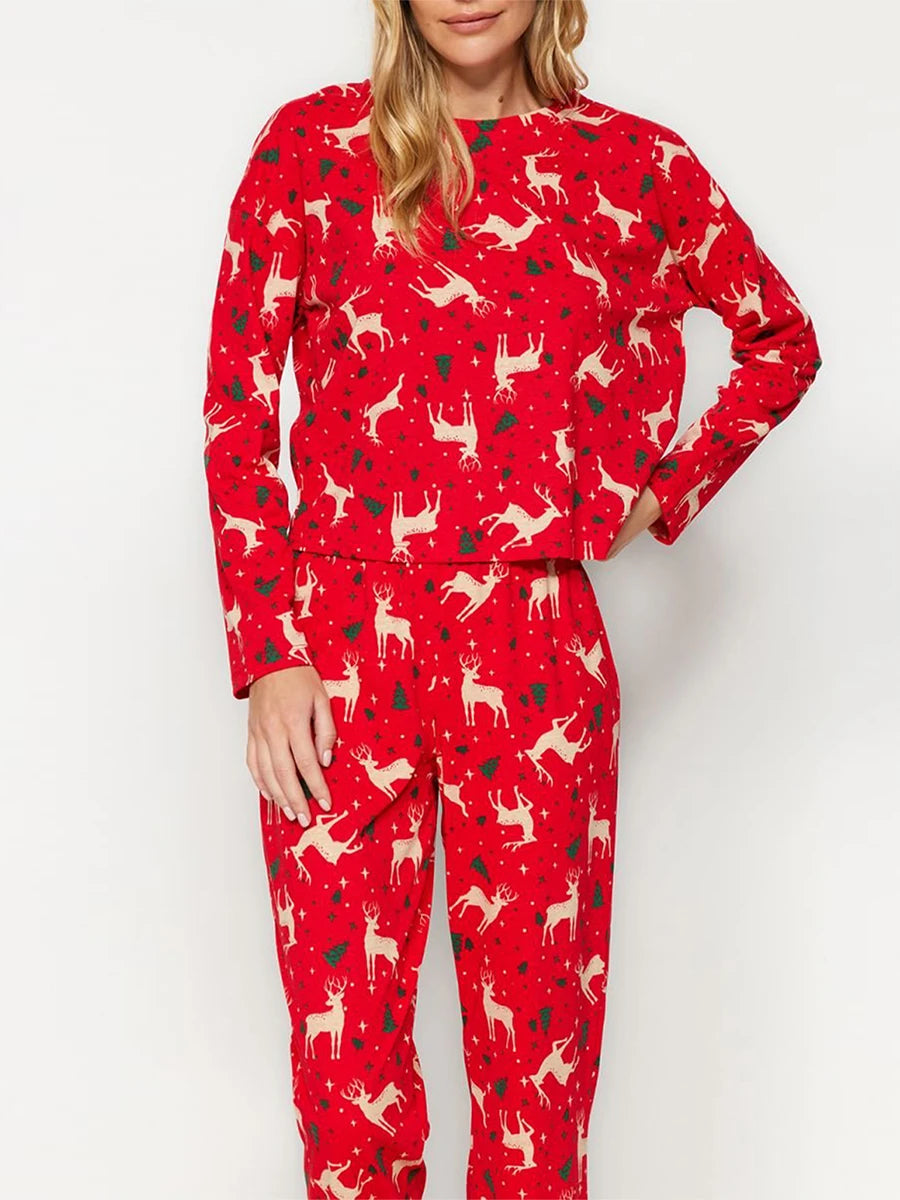 Women Christmas Pajamas Set Candy Cane/Elk Print Long Sleeves Shirt and Elastic Pants Loungewear Soft Sleepwear