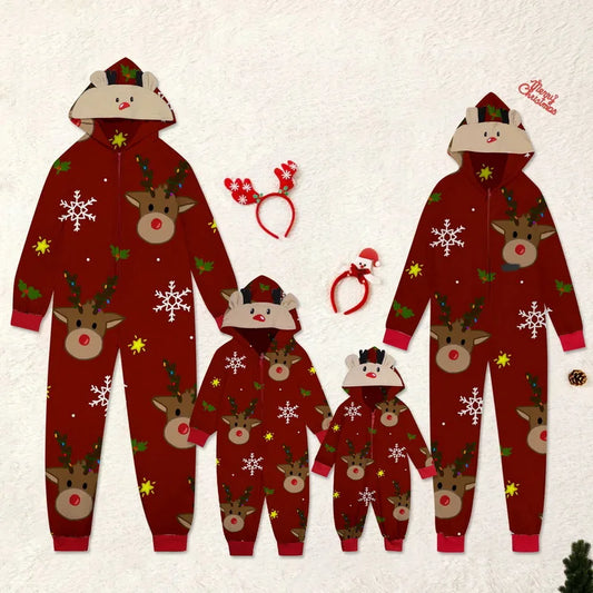 Christmas Gift For Family Pajamas Cute Deer Ear Hooded Jumpsuit Mother Father Kids Baby Matching Outfit Rompers Xmas Family Look