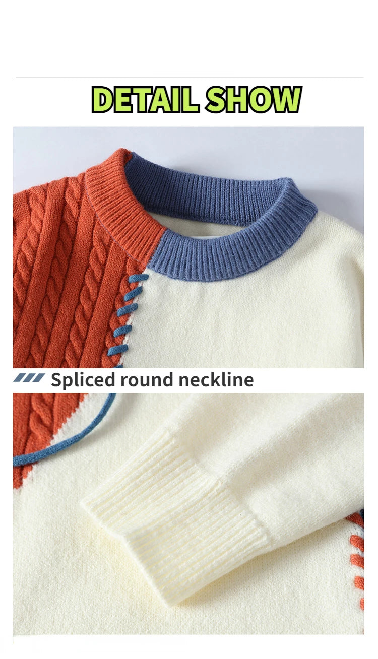 2024 Autumn Winter Warm Sweaters Patchwork Pullovers Korean Style Round Neck Knitted Sweater Men Women Fashion Knitwear