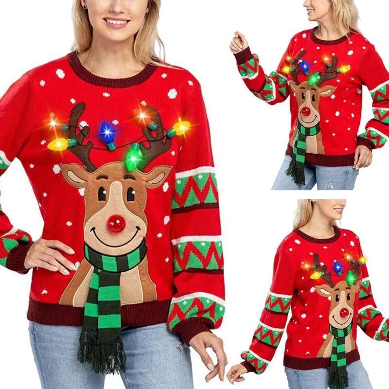 Women's LED Light-Up Christmas Sweater – Festive Reindeer Knit Holiday Pullover Top