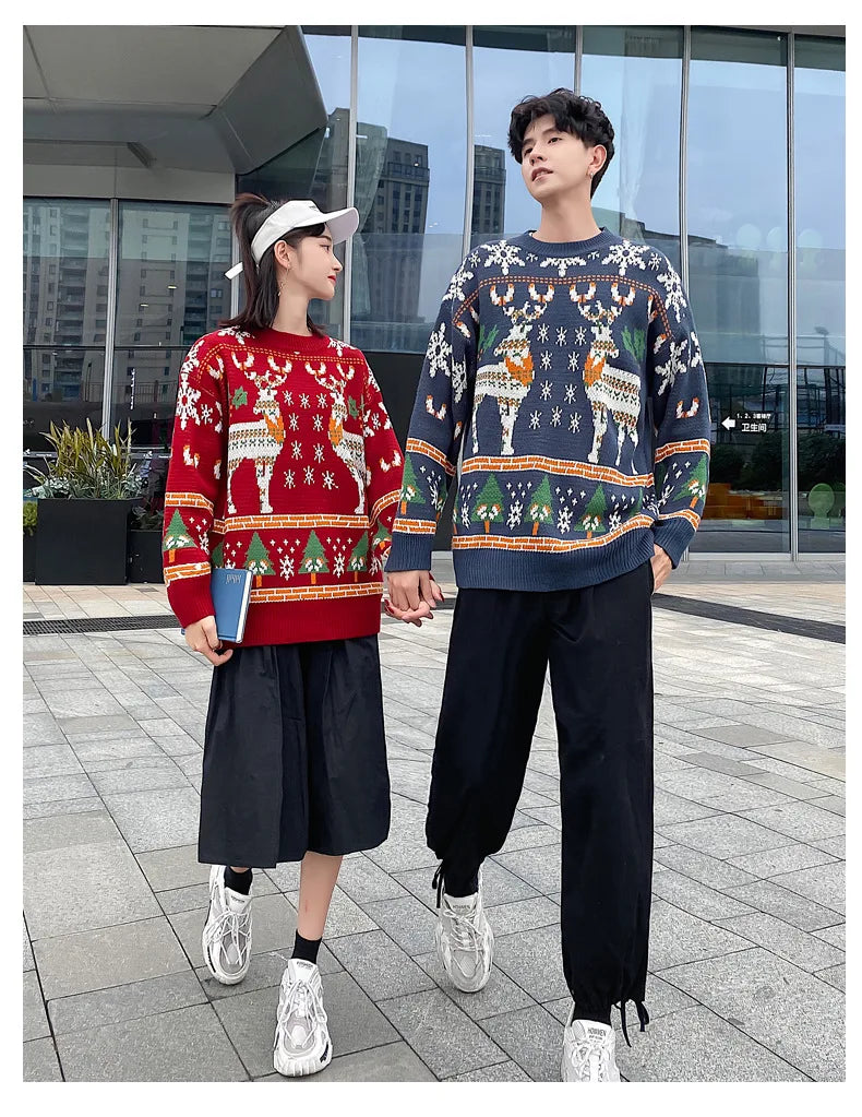 Korean Style Christmas Elk Sweater – Casual Crew Neck Long Sleeve Pullover