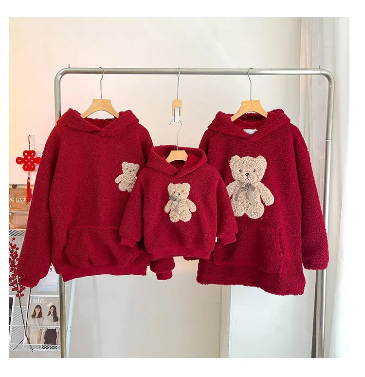 Mom Dad and Children's Winter Red Hoodies for Whole Family Bear Clothes Christmas Mother Father Daughter Son Hooded Sweatshirts